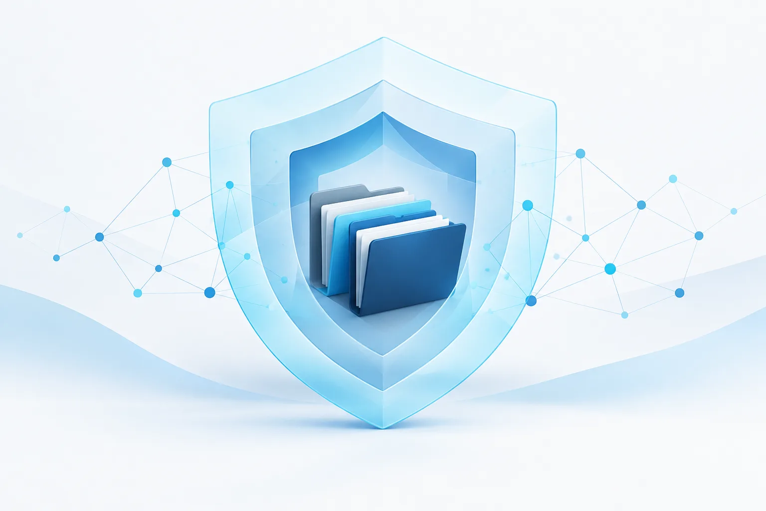 An abstract arrangement of protective layers around legal document folders and a network pattern.