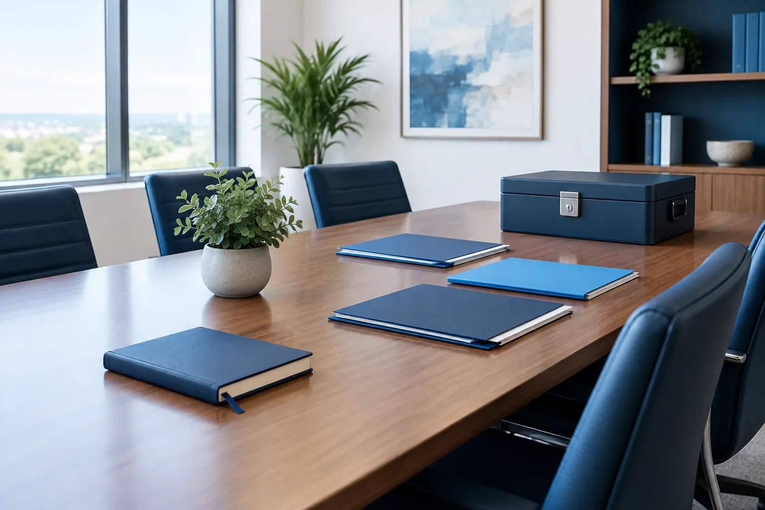 A quiet law office table arranged with a notebook, folders, and a storage case.
