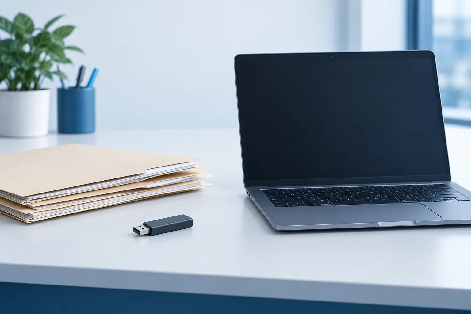 Plain folders and an unmarked storage device beside a closed laptop.