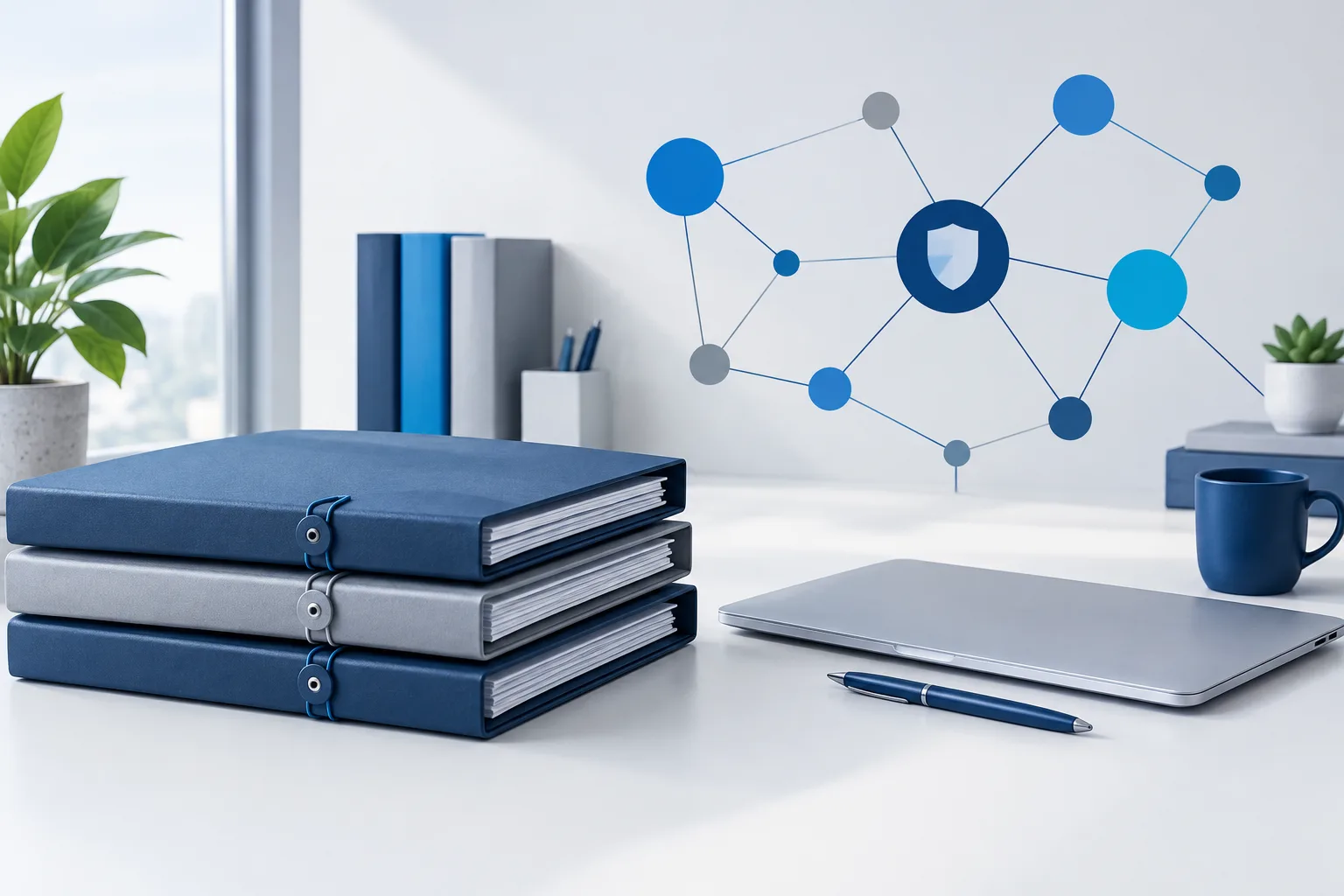 Abstract security response workspace with plain folders and a simple network diagram.